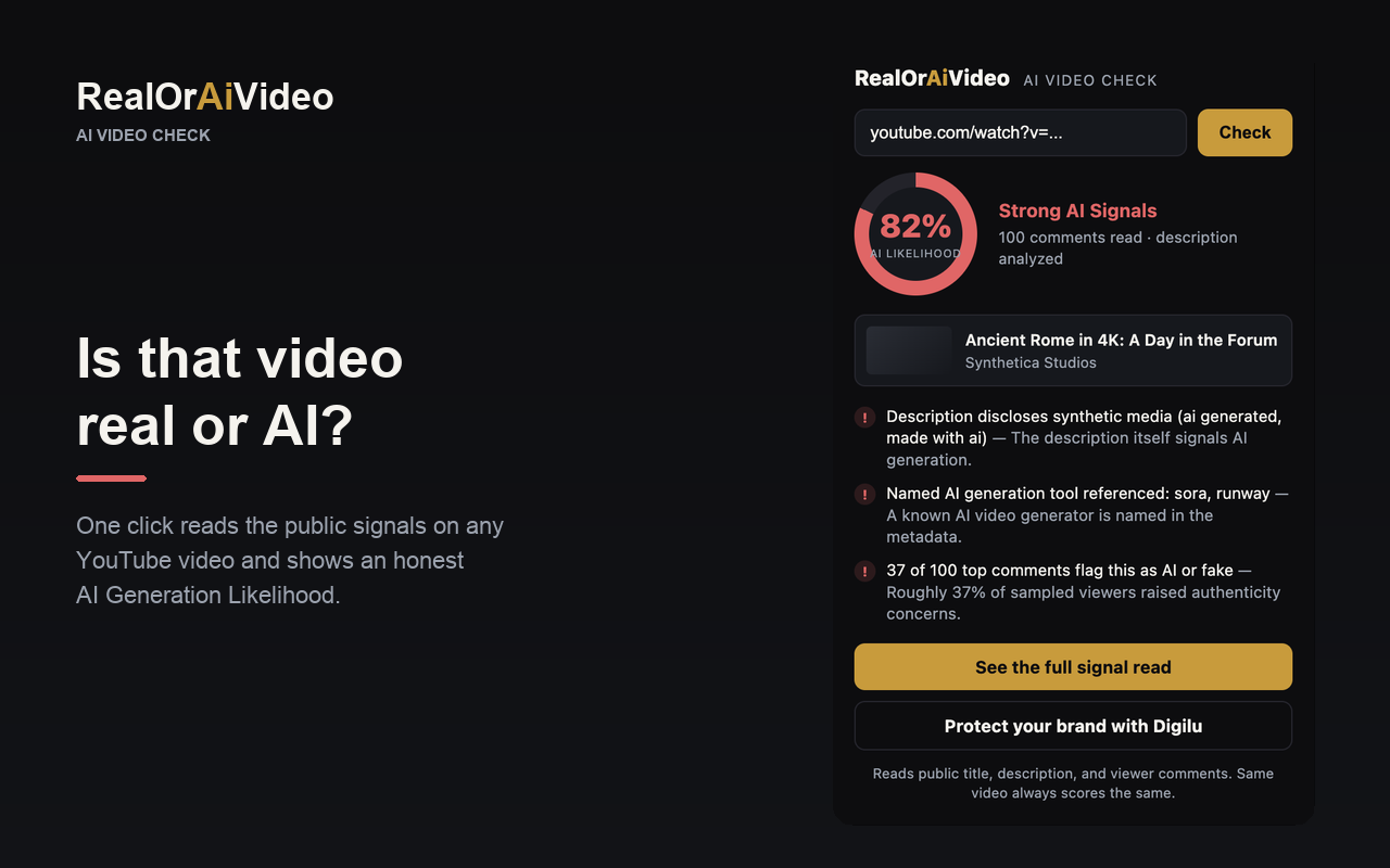 RealOrAiVideo Chrome extension showing the AI generation likelihood for a YouTube video